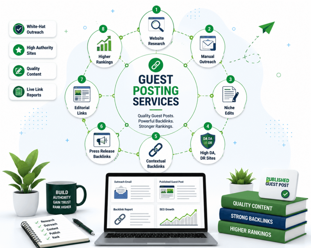 Guest posting services illustration showing manual outreach, website research, guest content creation, editorial backlinks, and SEO authority growth.