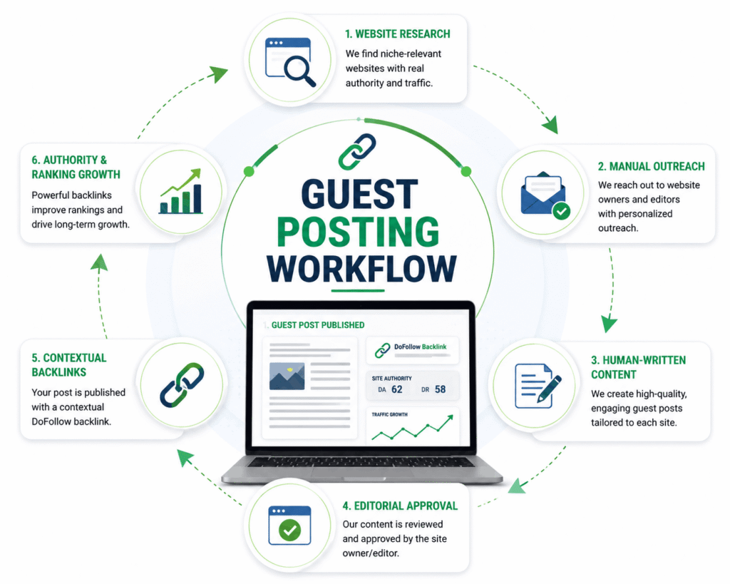 Guest Posting Workflow illustration showing website research, manual outreach, human-written content, editorial approval, contextual backlinks, and authority growth for SEO.