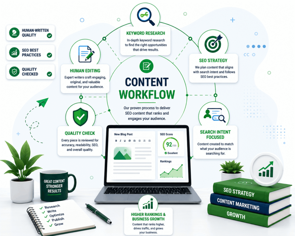 SEO content writing workflow illustration with keyword research, SEO strategy, human editing, search intent optimization, quality checks, and business growth.