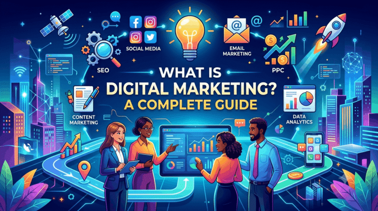 A modern digital illustration featuring a glowing lightbulb labeled "DIGITAL MARKETING," connected to SEO, Social Media, Content, and Email icons