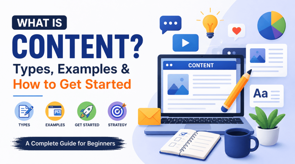 What Is Content featured image illustrating different content types, content creation, digital marketing, and a complete beginner's guide to getting started
