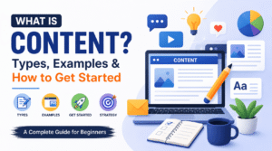 What Is Content featured image illustrating different content types, content creation, digital marketing, and a complete beginner's guide to getting started