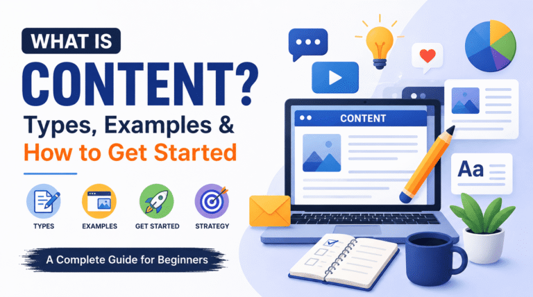 What Is Content featured image illustrating different content types, content creation, digital marketing, and a complete beginner's guide to getting started