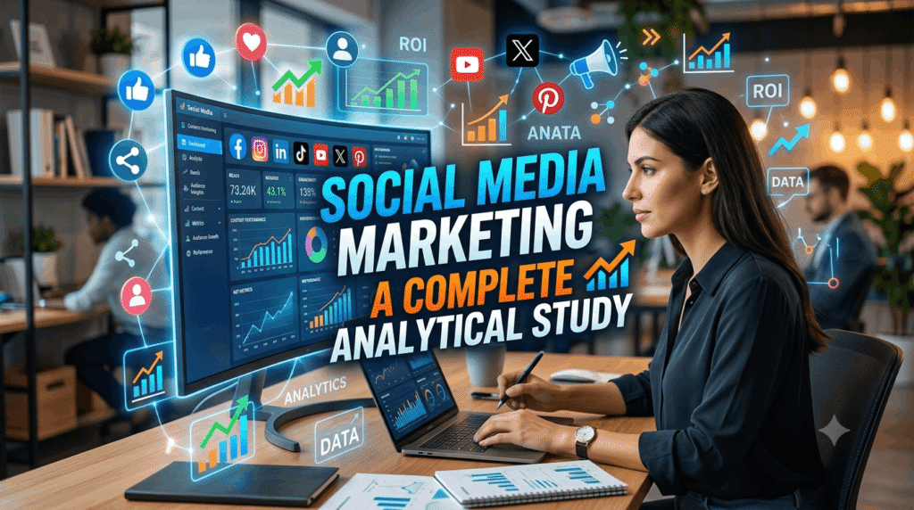 Social Media Marketing: A Complete Analytical Study featuring social media analytics, audience engagement, ROI, data insights, and marketing performance